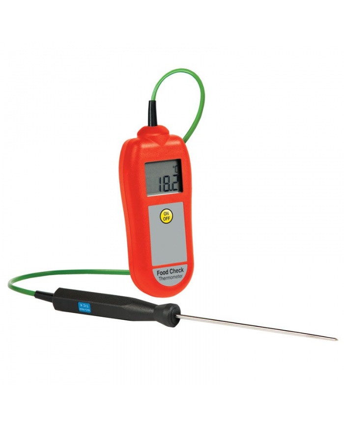 ETI Termometer Food Check®, inklusive indstikssensor. Egnet til HACCP og egenkontrol. Opfylder EN 13485. Kalibreringscertifikat medfølger. Farve rød