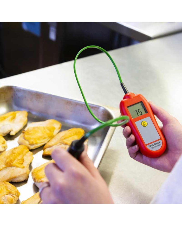 ETI Termometer Food Check®, inklusive indstikssensor. Egnet til HACCP og egenkontrol. Opfylder EN 13485. Kalibreringscertifikat medfølger. Farve rød