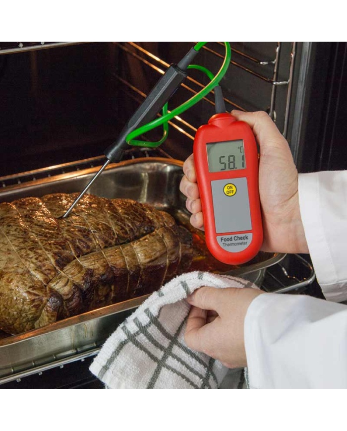 ETI Termometer Food Check®, inklusive indstikssensor. Egnet til HACCP og egenkontrol. Opfylder EN 13485. Kalibreringscertifikat medfølger. Farve rød