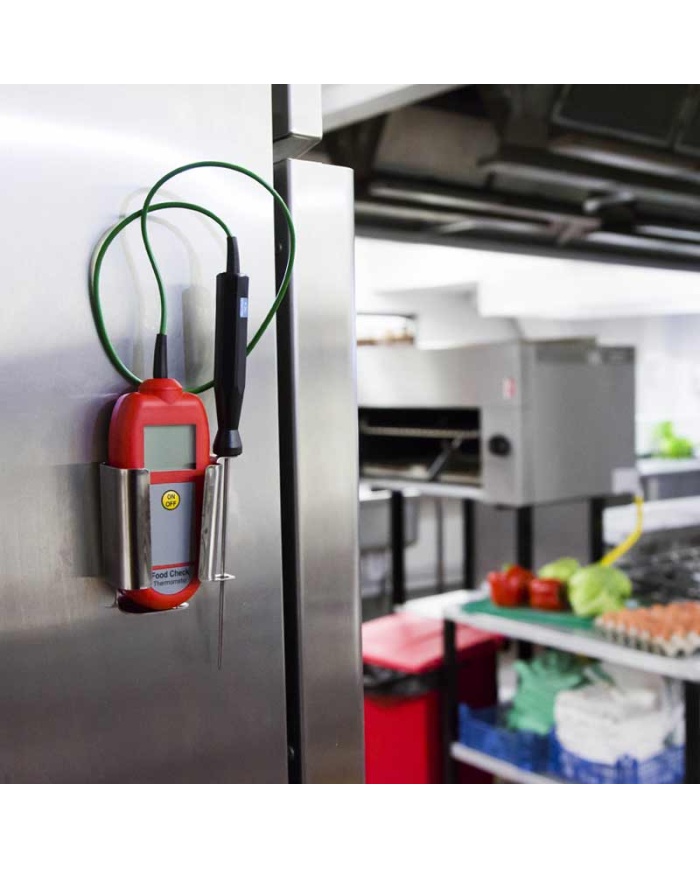 ETI Termometer Food Check®, inklusive indstikssensor. Egnet til HACCP og egenkontrol. Opfylder EN 13485. Kalibreringscertifikat medfølger. Farve rød