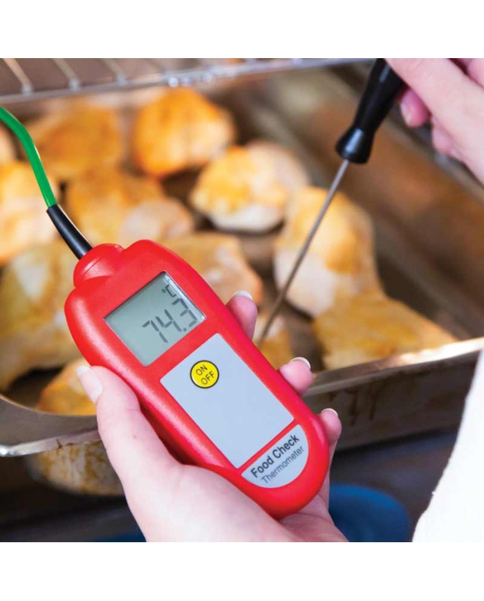 ETI Termometer Food Check®, inklusive indstikssensor. Egnet til HACCP og egenkontrol. Opfylder EN 13485. Kalibreringscertifikat medfølger. Farve rød