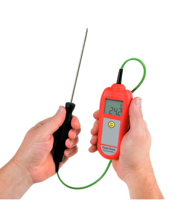 ETI Termometer Food Check®, inklusive indstikssensor. Egnet til HACCP og egenkontrol. Opfylder EN 13485. Kalibreringscertifikat medfølger. Farve rød
