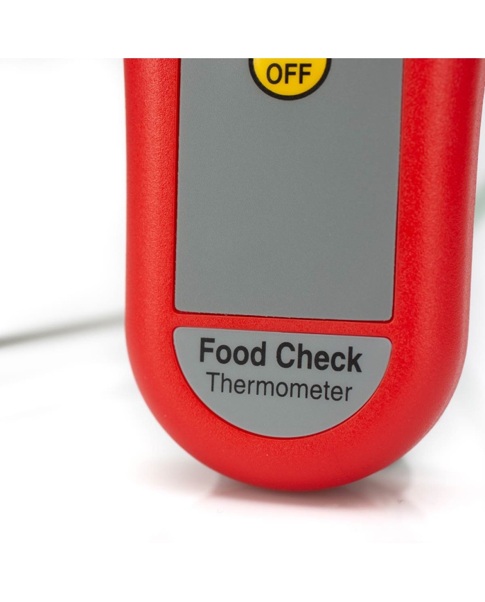 ETI Termometer Food Check®, inklusive indstikssensor. Egnet til HACCP og egenkontrol. Opfylder EN 13485. Kalibreringscertifikat medfølger. Farve rød