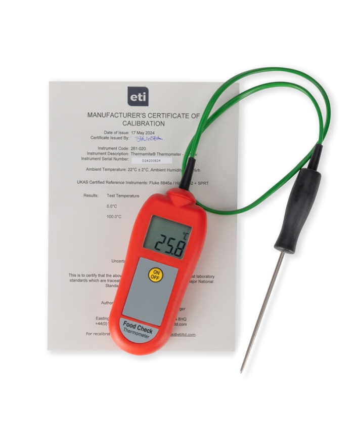 ETI Termometer Food Check®, inklusive indstikssensor. Egnet til HACCP og egenkontrol. Opfylder EN 13485. Kalibreringscertifikat medfølger. Farve rød