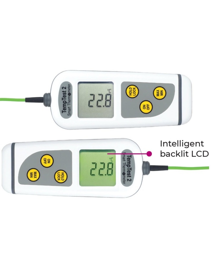 ETI Termometer TempTest® 2. Inklusive fast indstikssensor Ø3,3 x 100 mm med kabel. Displayet auto-roterer for nem aflæsning. IP67. Måleområde -50 til 300 °C. Med kalibreringscertifikat og bæretaske