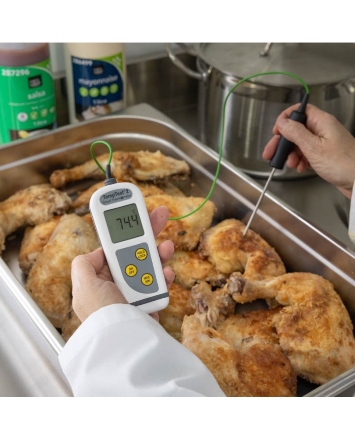 ETI Termometer TempTest® 2. Inklusive fast indstikssensor Ø3,3 x 100 mm med kabel. Displayet auto-roterer for nem aflæsning. IP67. Måleområde -50 til 300 °C. Med kalibreringscertifikat og bæretaske