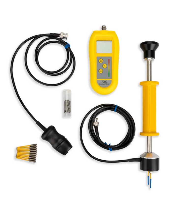 ETI Fugtmåler komplet med sensor og bæretaske. Baseret på måler 7000. Til fugtmåling i træ, gips og beton. Med digital aflæsning og LED-skala for nem visning. Udskiftelige sensor