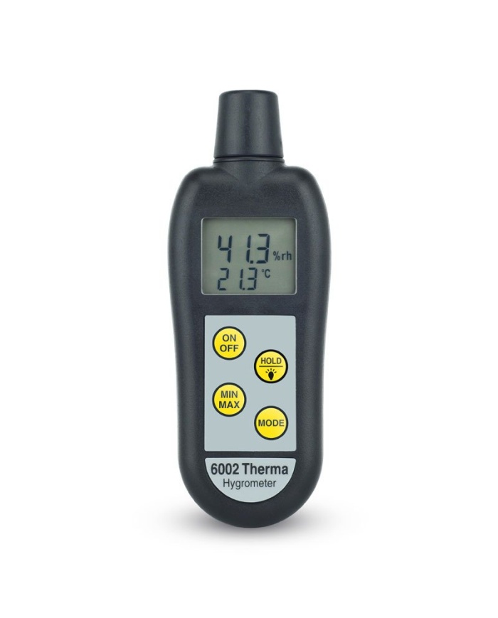 ETI Hygrometer %RH model 6002. Samtidig visning af 0 til 100% RH, opløsning 0,1% RH og temperatur -20 til 50 °C. Måler også dugpunkt. Belyst display. Fast sensor