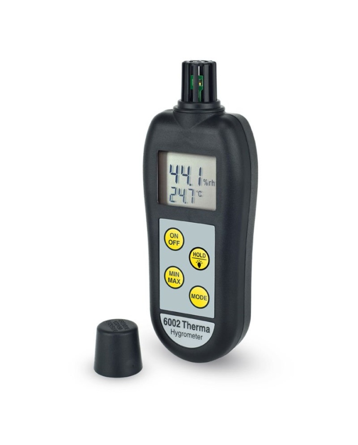 ETI Hygrometer %RH model 6002. Samtidig visning af 0 til 100% RH, opløsning 0,1% RH og temperatur -20 til 50 °C. Måler også dugpunkt. Belyst display. Fast sensor
