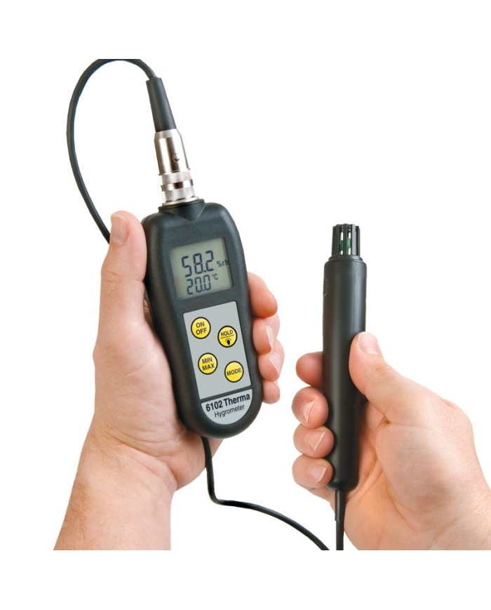 ETI Hygrometer %RH model 6002. Samtidig visning af 0 til 100% RH, opløsning 0,1% RH og temperatur -20 til 70 °C. Måler også dugpunkt. Belyst display. Sensor på kabel