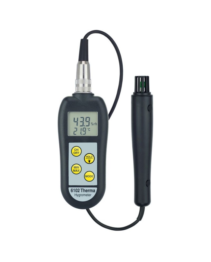 ETI Hygrometer %RH model 6002. Samtidig visning af 0 til 100% RH, opløsning 0,1% RH og temperatur -20 til 70 °C. Måler også dugpunkt. Belyst display. Sensor på kabel