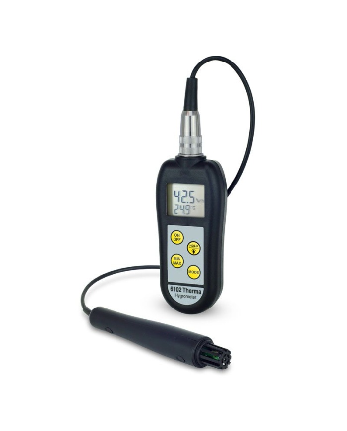 ETI Hygrometer %RH model 6002. Samtidig visning af 0 til 100% RH, opløsning 0,1% RH og temperatur -20 til 70 °C. Måler også dugpunkt. Belyst display. Sensor på kabel
