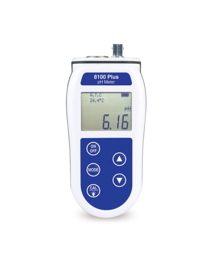 ETI pH & temperaturmåler 8100 Plus, vandtæt, temperaturkompenseret 0–+80°C, opløsning 0,01 pH & 0,1°C, baggrundsbelyst LCD