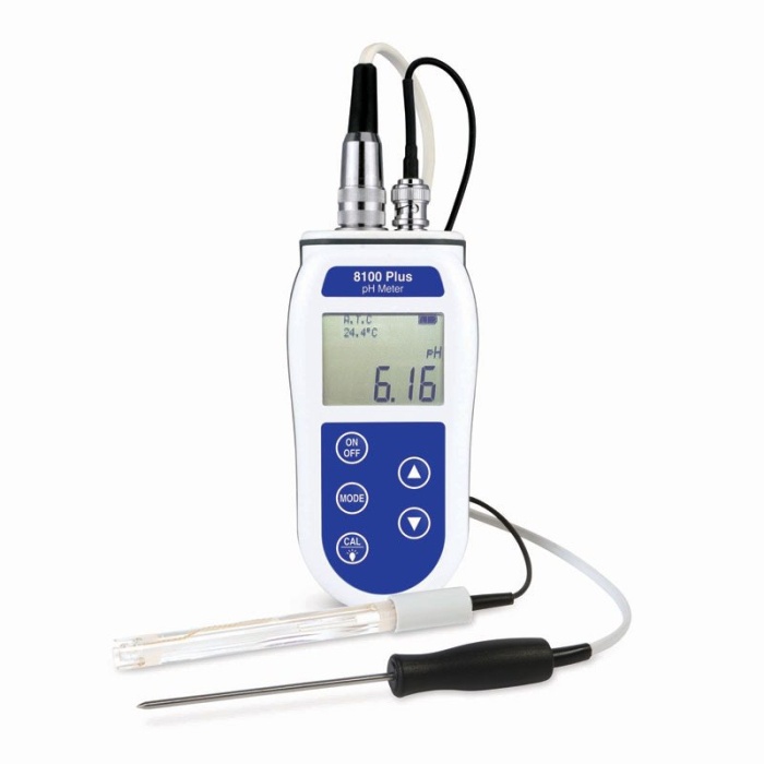 ETI pH & temperaturmåler 8100 Plus, vandtæt, temperaturkompenseret 0–+80°C, opløsning 0,01 pH & 0,1°C, baggrundsbelyst LCD