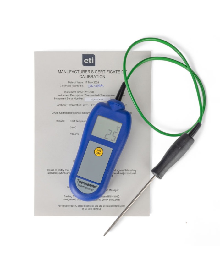 ETI Thermamite® HACCP-termometer – blå. Inklusiv nålesonde med kabel. -50 til 300°C. Kalibreringscertifikat.