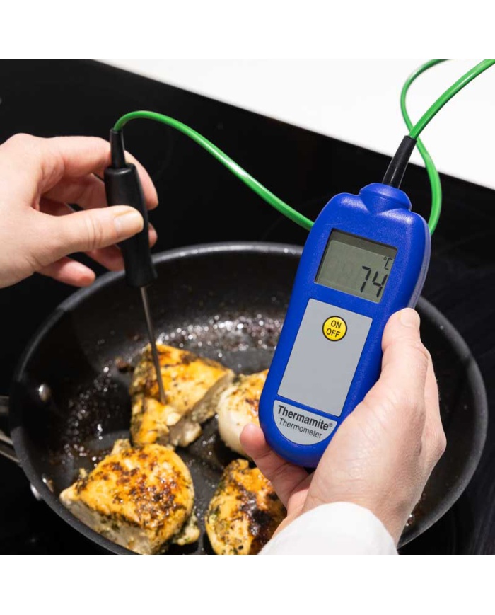 ETI Thermamite® HACCP-termometer – blå. Inklusiv nålesonde med kabel. -50 til 300°C. Kalibreringscertifikat.