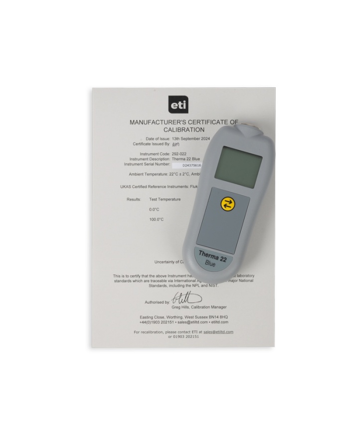 ETI Therma® 22 Blue, temperaturoverførsel med Bluetooth, til både termoelement type T og NTC-termistor, Lumberg-kontakt, gratis mobilapp, kalibreringscertifikat