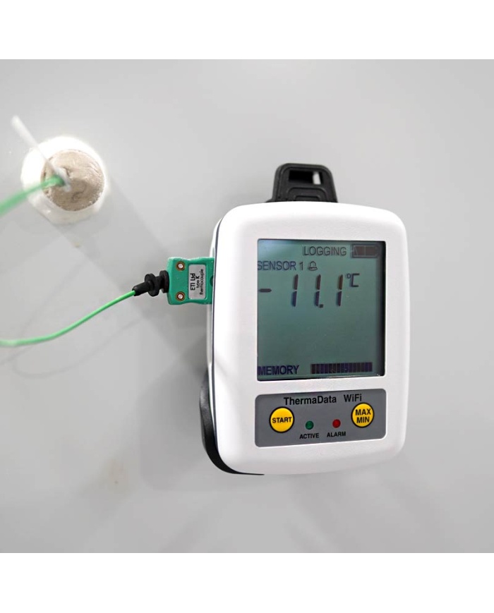 ETI ThermaData® WiFi TD2TC temperaturlogger. 2-kanals. Med display. Til 2 eksterne følere termoelement type K. Kalibreringscertifikat