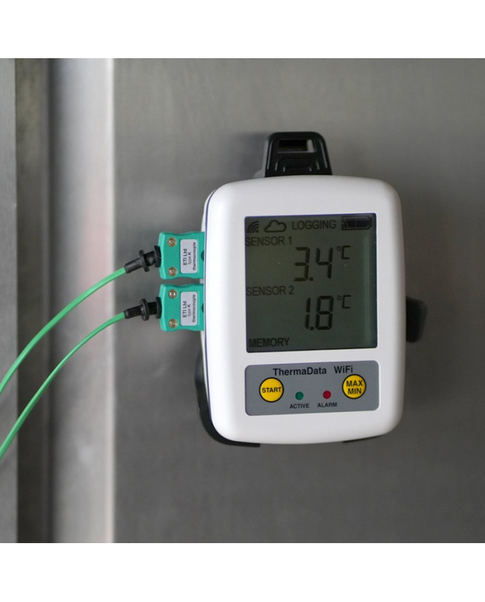 ETI ThermaData® WiFi TD2TC temperaturlogger. 2-kanals. Med display. Til 2 eksterne følere termoelement type K. Kalibreringscertifikat