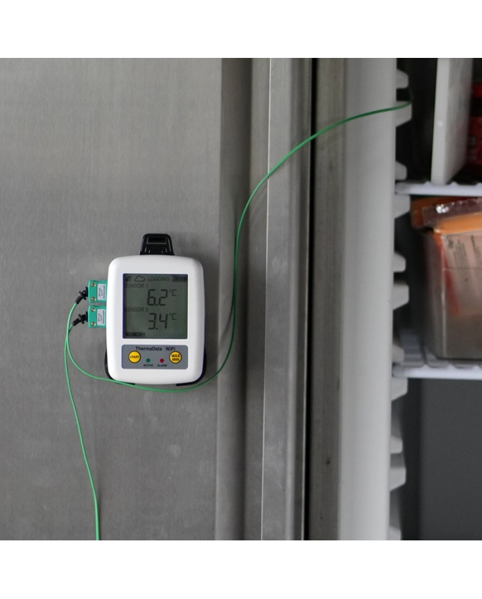 ETI ThermaData® WiFi TD2TC temperaturlogger. 2-kanals. Med display. Til 2 eksterne følere termoelement type K. Kalibreringscertifikat