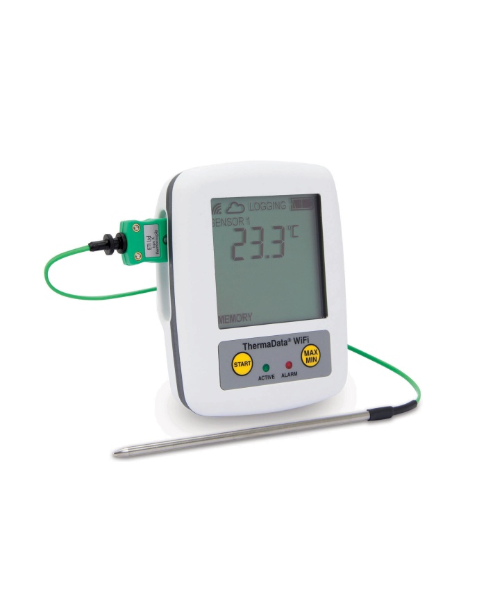 ETI ThermaData® WiFi TD2TC temperaturlogger. 2-kanals. Med display. Til 2 eksterne følere termoelement type K. Kalibreringscertifikat
