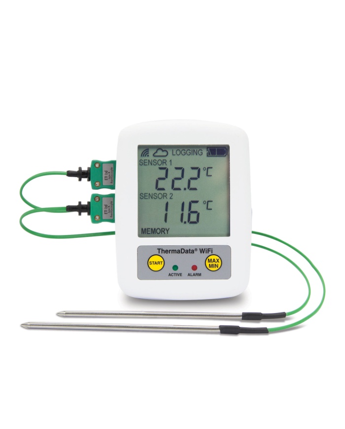 ETI ThermaData® WiFi TD2TC temperaturlogger. 2-kanals. Med display. Til 2 eksterne følere termoelement type K. Kalibreringscertifikat
