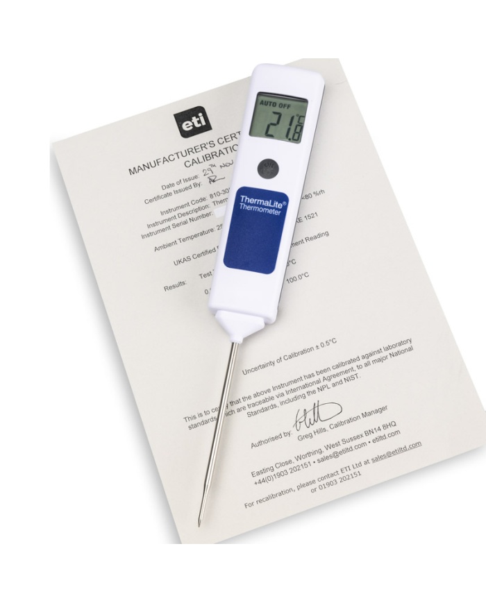 ETI ThermaLite®, digitalt fødevaretermometer, hurtig føler 2 mm tynd, nem kalibrering ved 0 °C i isbad, med kalibreringscertifikat