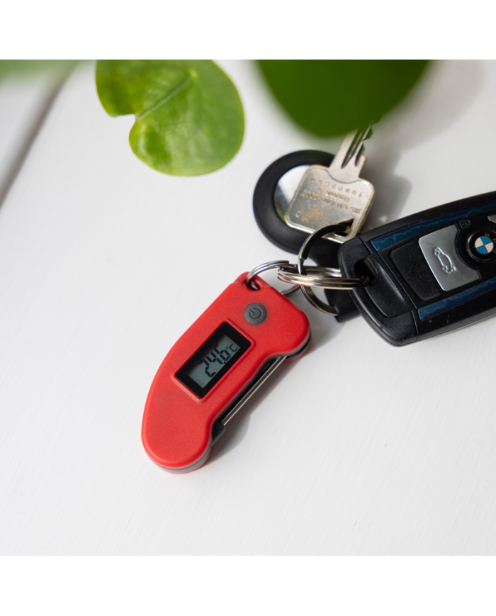 ETI Digital miniatyr-termometer med indstiksnål. Kan hænges på din nøglebundt. Rød.