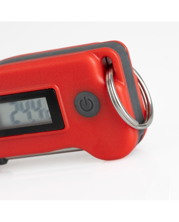 ETI Digital miniatyr-termometer med indstiksnål. Kan hænges på din nøglebundt. Rød.