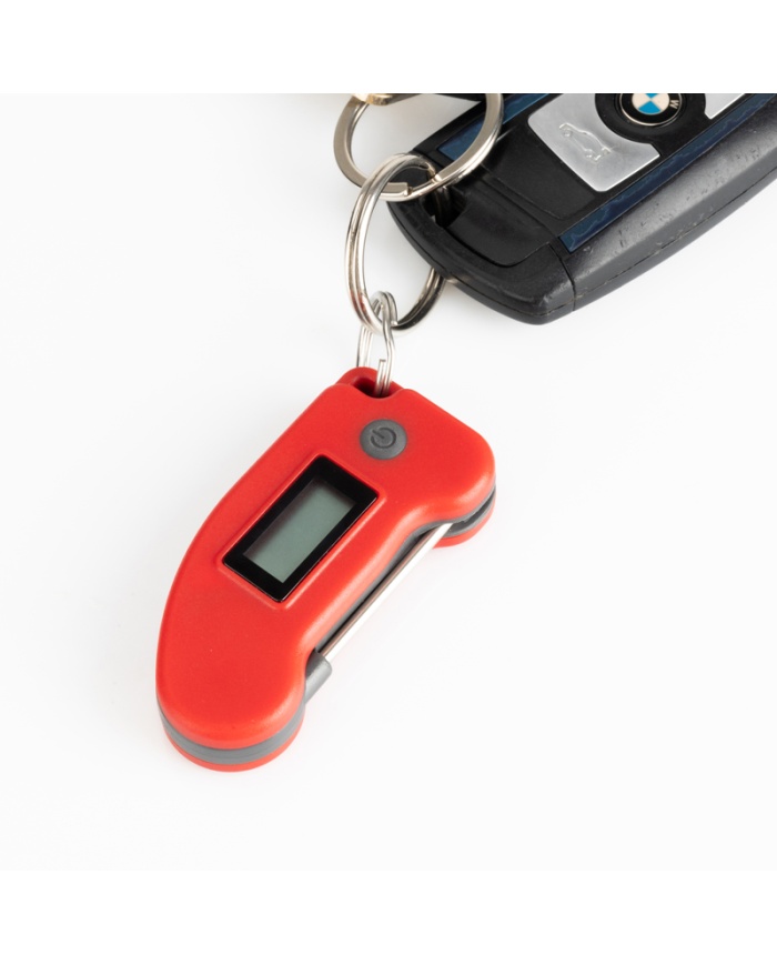 ETI Digital miniatyr-termometer med indstiksnål. Kan hænges på din nøglebundt. Rød.