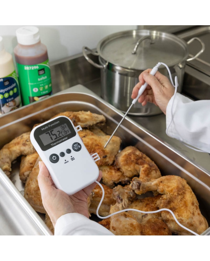 ETI Digital catering-termometer med indstiksføler, Ø3,5 x 125 mm, på 1 m kabel. Enkel kalibreringsfunktion i isbad