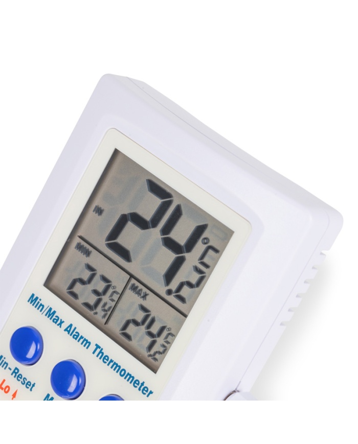ETI Digital termometer med samtidig visning af intern og ekstern føler på kabel. Visning af Max/Min og programmerbar alarm.
