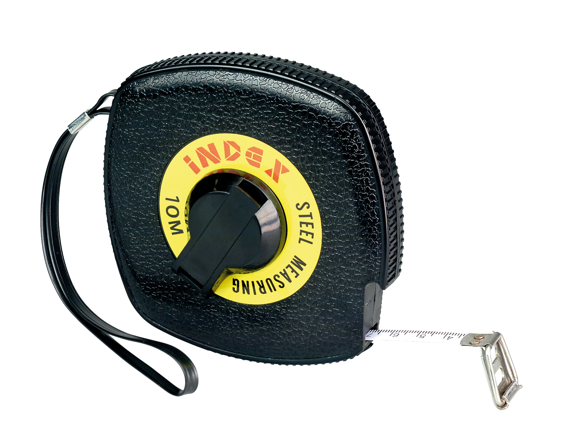 Långt professionellt målebånd, sort plasthulje med handlovsrem, vitlakeret stålband med mm-gradering, upplindningshåndtag, 10 m, bandbredd 9,5 mm, EC klasse II