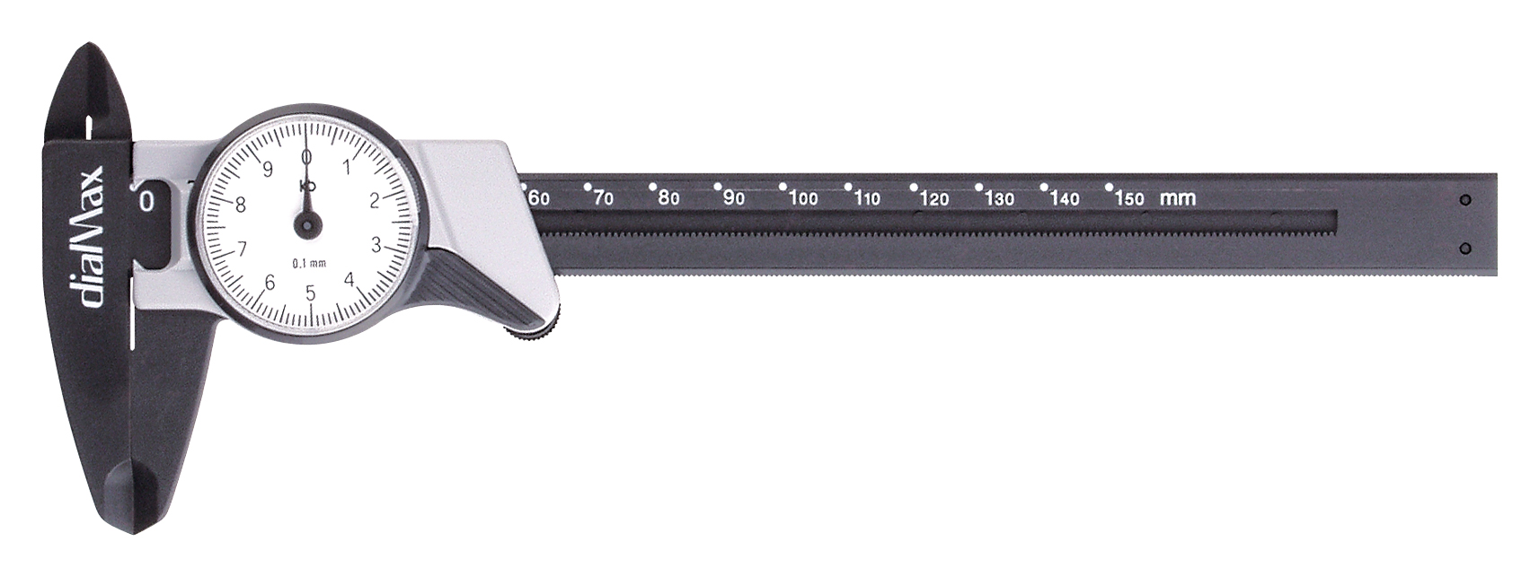 Skydelære i forstærket glasfiber med analogt måleur, måleområde 0-150 mm, plastskydelære, glasfiberforstærket, måleurtype, gradering 0,1 mm
