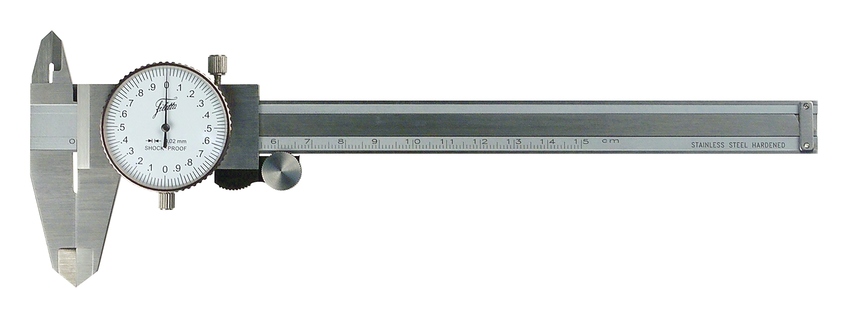 Skydelære med måleur 0,02/0-150 mm, gradering 0,02 mm, 1 omdrejning = 2 mm, drejelig urskive, tomlehjul, plastetui