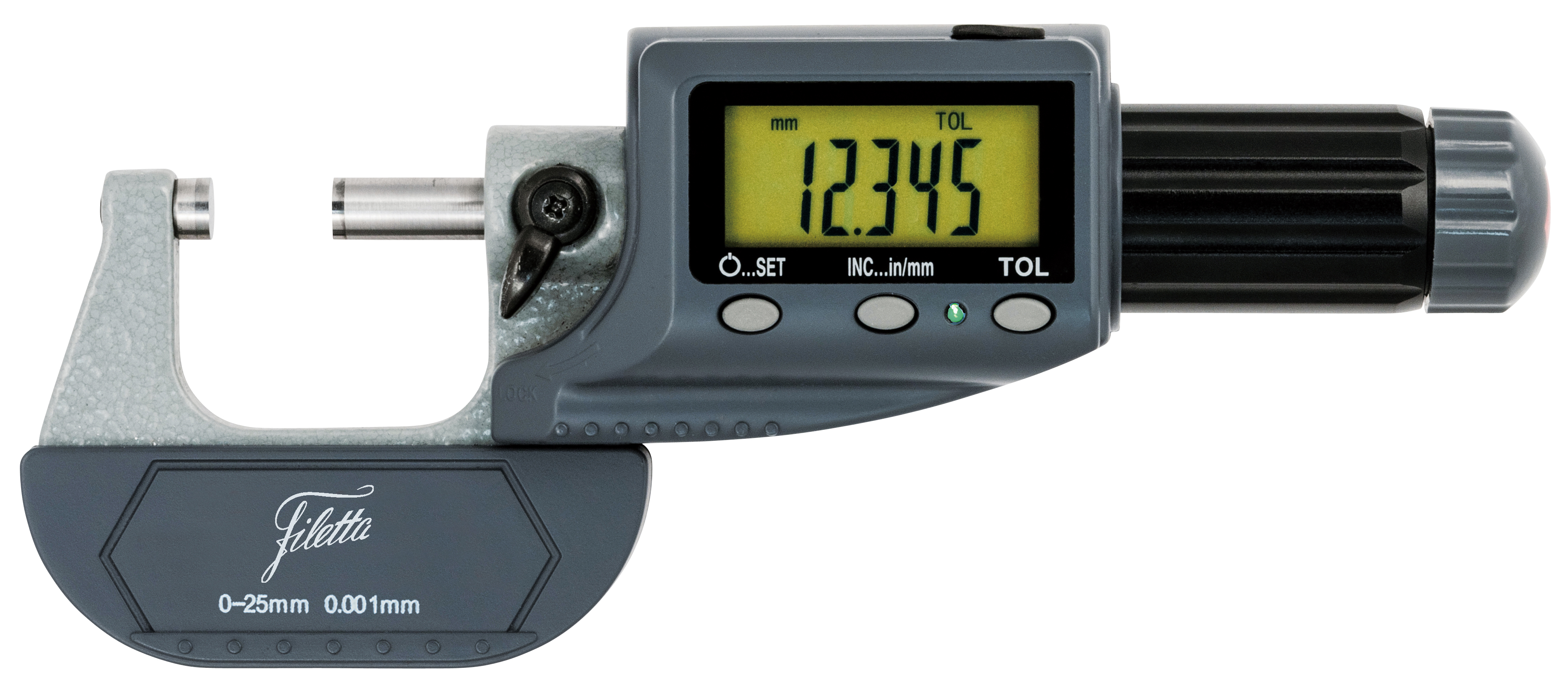 Absolut digital mikrometer med toleranceindikering IP54, 0-25 mm, nøjagtighed ±0,003 mm, opløsning 0,001 mm, mm/tommer-konvertering, ABS/INC-valgbar, dataudgang, justerbare tolerancegrænser, toleranceindikering via grøn LED, automatisk slukning, nulstilling, hårdmetalmåleflader Ø6,5 mm, IP54, levering i plastetui med måleprotokol