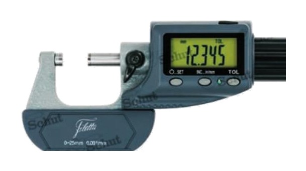 Absolut digital mikrometer med toleranceindikering IP54, 25-50 mm, nøjagtighed ±0,003 mm, opløsning 0,001 mm, mm/tommer-konvertering, ABS/INC-valgbar, dataudgang, justerbare tolerancegrænser, toleranceindikering via grøn LED, automatisk slukning, nulstilling, hårdmetalmåleflader Ø6,5 mm, IP54, inkl. indstillingsmål, levering i plastetui med måleprotokol