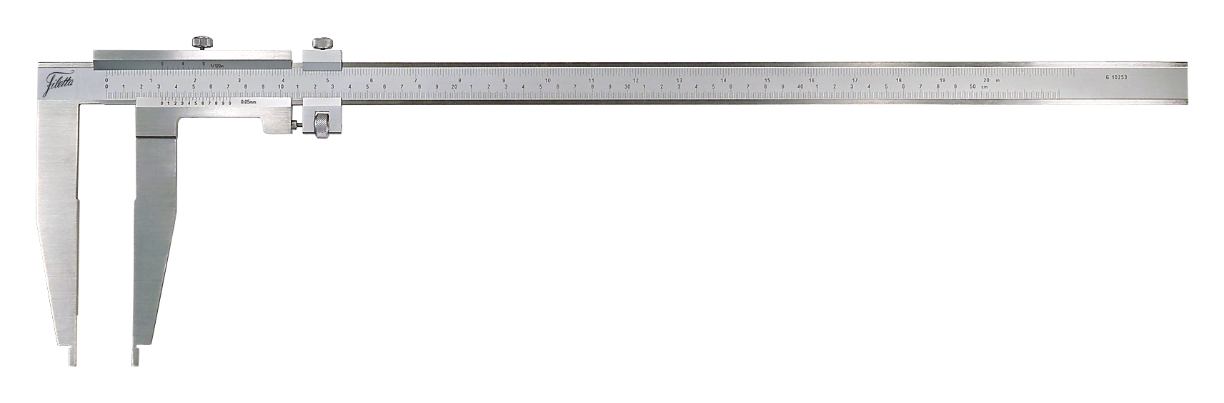 Analogt værkstedsskydelære, måleområde 0–1000 mm, kæbelængde 150 mm, uden bageste kæber, rustfrit stål, matforkromet skala, nonius 0,05 mm eller 1/128 inch, finjustering, låseskrue, levering i trækasse