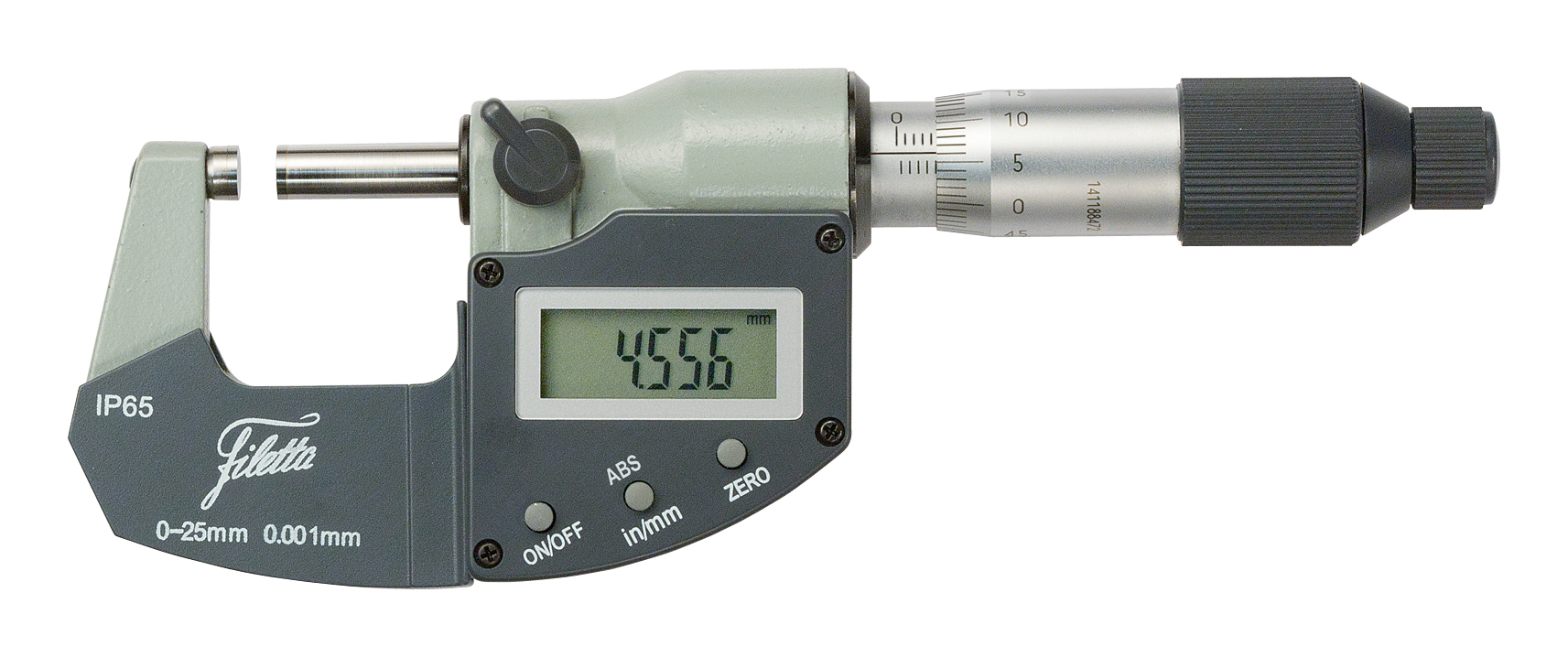 Digital mikrometer IP65, 0-25 mm, nøjagtighed ±0,003 mm, opløsning 0,001 mm, mm/tommer-konvertering, ABS/INC-valgbar, automatisk slukning, nulstilling, hårdmetalmåleflader Ø6,5 mm, IP65, inkl. indstillingsmål, levering i plastetui med måleprotokol og kuglefæste